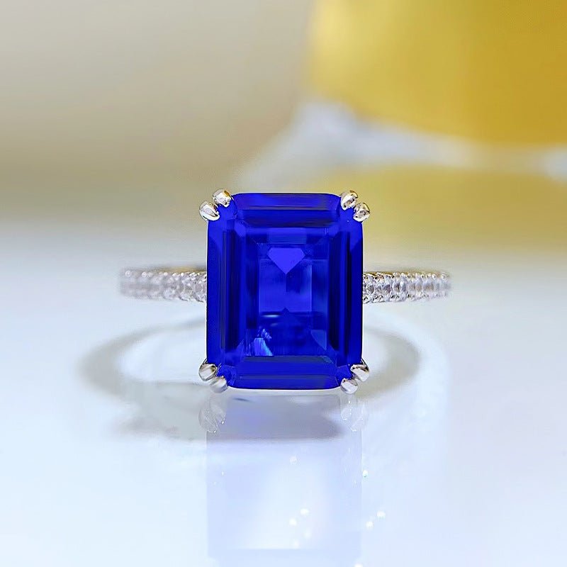 Exclusive Retro Rectangular Car Flat 810 Emerald Women's Ring — R382 Blue Diamond — Size No5 — Alternate View 8
