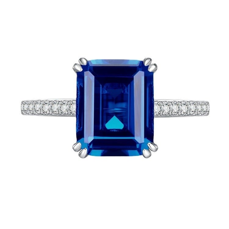 Exclusive Retro Rectangular Car Flat 810 Emerald Women's Ring — R382 Blue Diamond — Size No5 — Side View