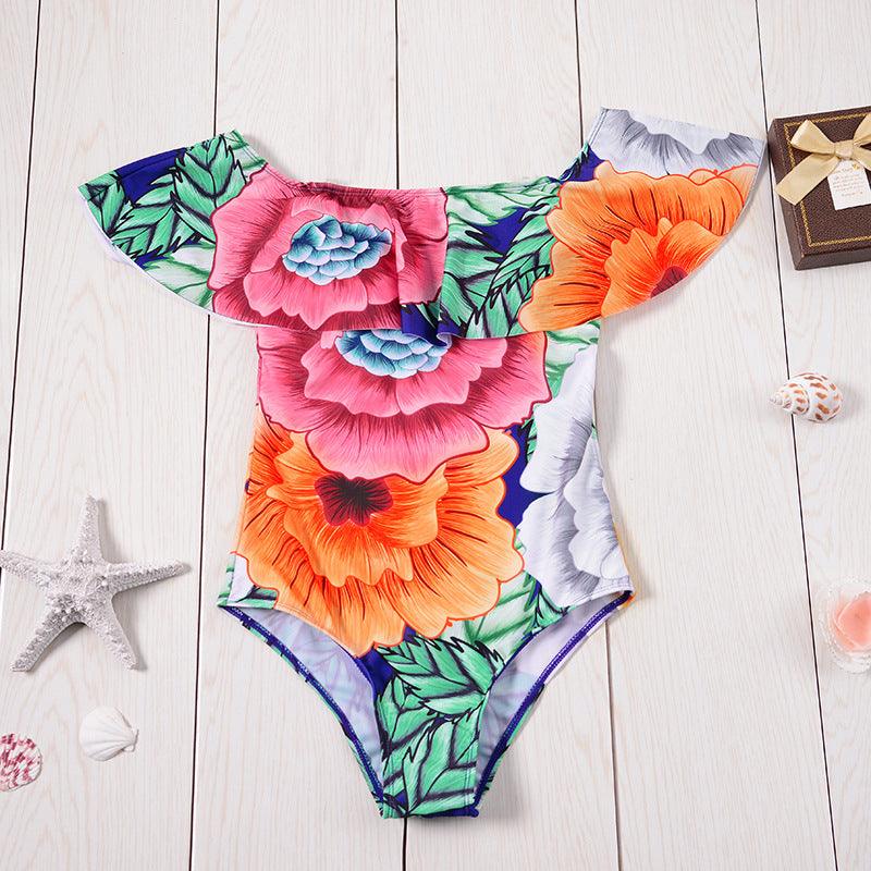 Exclusive Ruffled Off-Shoulder Swimsuits — Blue — Size L — Detail View