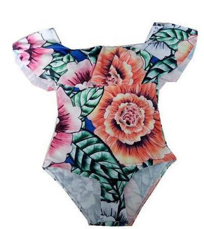 Exclusive Ruffled Off-Shoulder Swimsuits — Blue — Size L — Back View