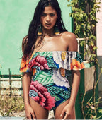 Exclusive Ruffled Off-Shoulder Swimsuits — Blue — Size L — Front View
