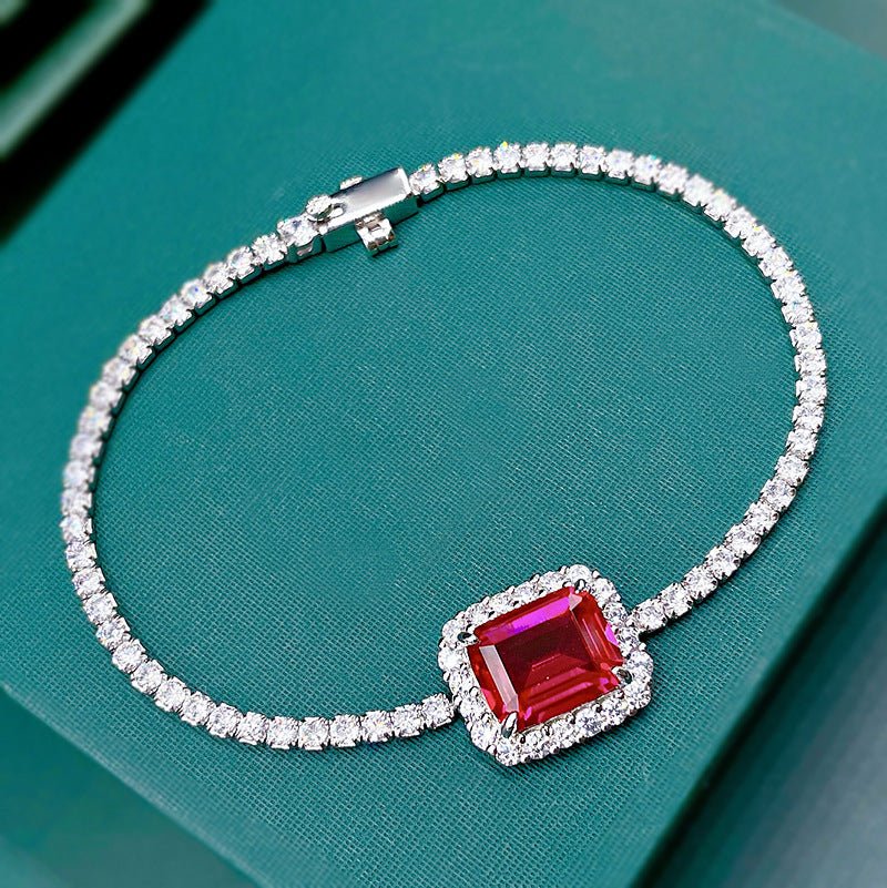 Exclusive S925 Sterling Silver Synthetic 810 Emerald Bracelet — Red Diamond 16cm — Size 925 Silver — Side View