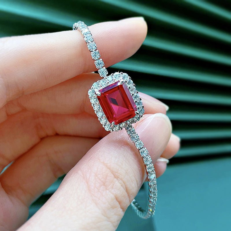 Exclusive S925 Sterling Silver Synthetic 810 Emerald Bracelet — Red Diamond 16cm — Size 925 Silver — Top View