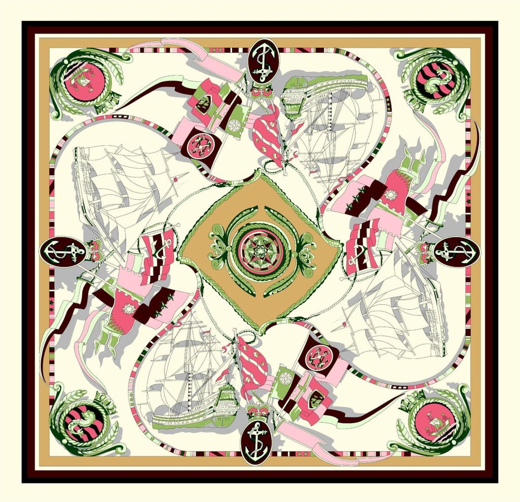 Exclusive Sailing Print Emulation Silk Scarf Fashion Shawl — 1color — Size 90CM — Detail View