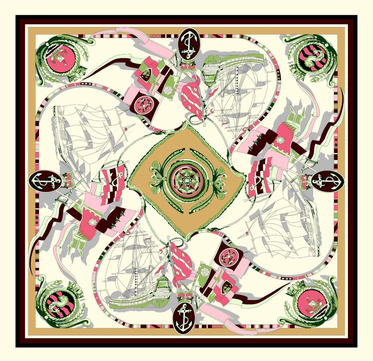 Exclusive Sailing Print Emulation Silk Scarf Fashion Shawl — 1color — Size 90CM — Detail View