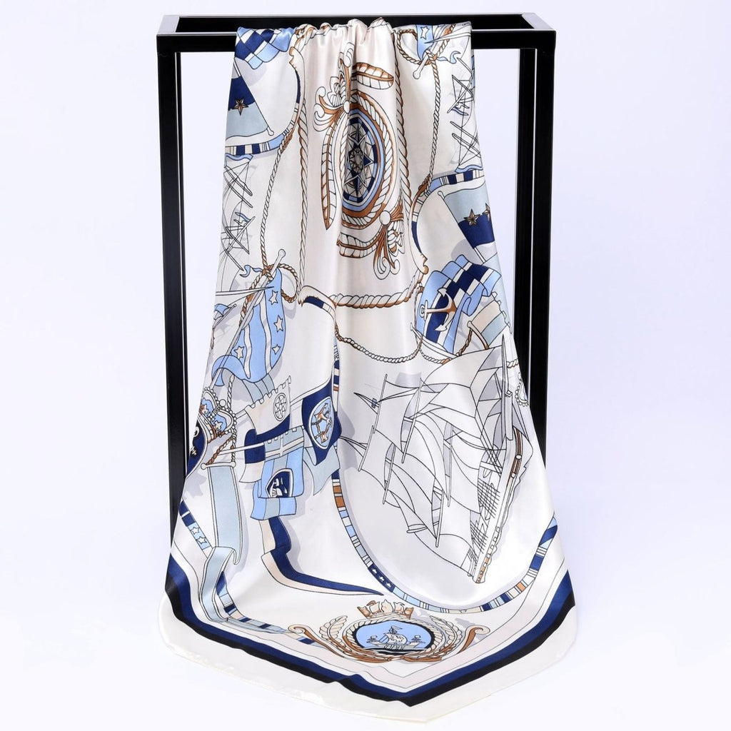 Exclusive Sailing Print Emulation Silk Scarf Fashion Shawl — 1color — Size 90CM — Front View