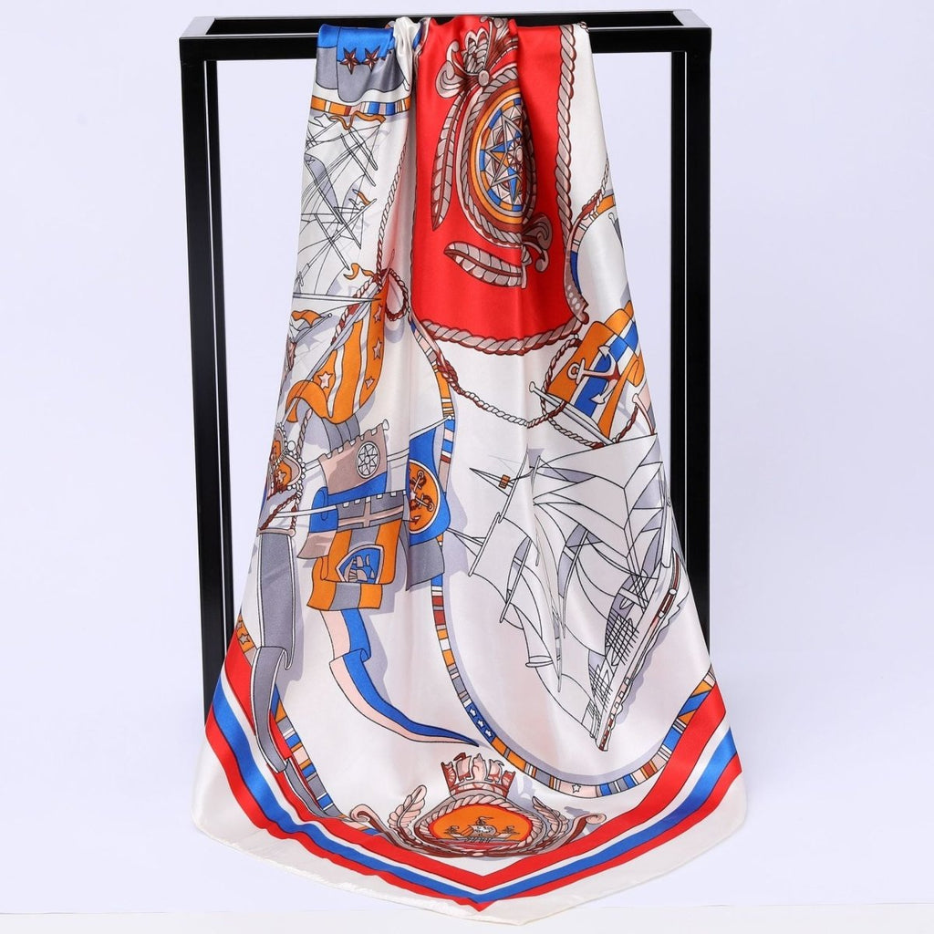 Exclusive Sailing Print Emulation Silk Scarf Fashion Shawl — 1color — Size 90CM — Back View