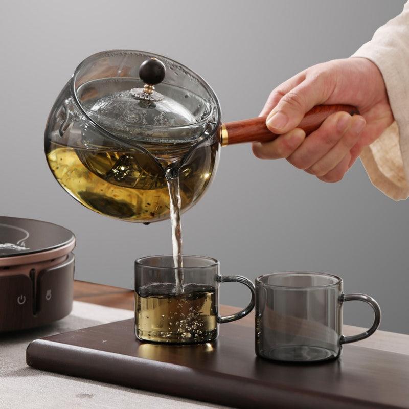 Exclusive Semi-automatic Rotary Heat-resistant Glass Teapot — Grey — Front View