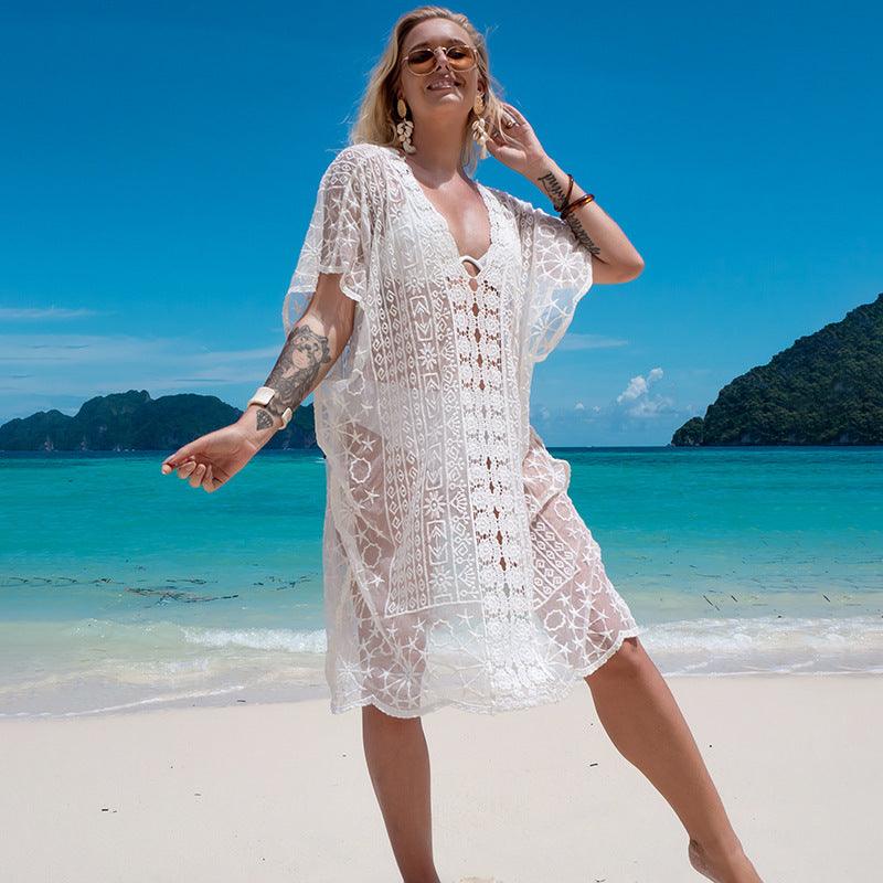 Exclusive Sexy Lace Loose Short Swimsuit — White — Size One size — Top View