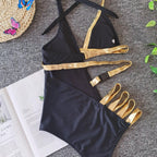 Exclusive Sexy Stitching Bandage Belt Buckle One-piece Bikini — Black — Size L — Alternate View 11