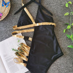 Exclusive Sexy Stitching Bandage Belt Buckle One-piece Bikini — Black — Size L — Alternate View 10