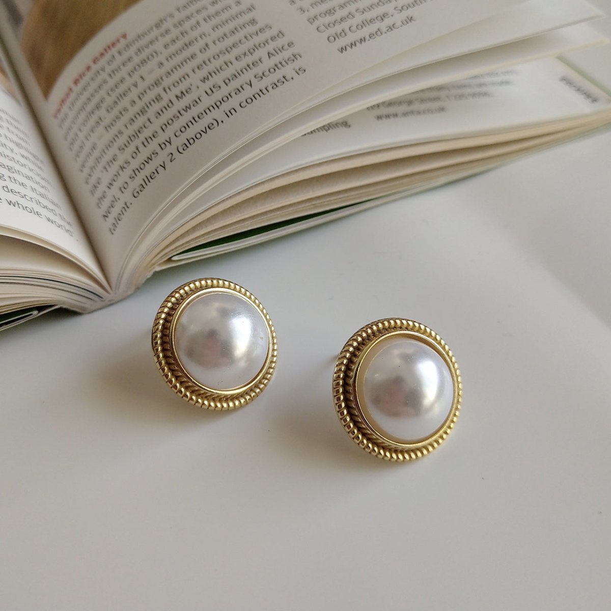 Exclusive Shell Pearl Ear Studs — Colorful Shell Ear Studs — Size 18K Gold C552 — Detail View