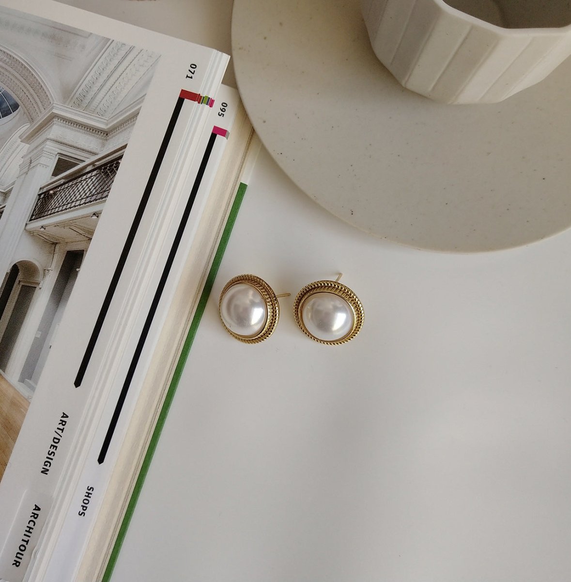 Exclusive Shell Pearl Ear Studs — Colorful Shell Ear Studs — Size 18K Gold C552 — Lifestyle View