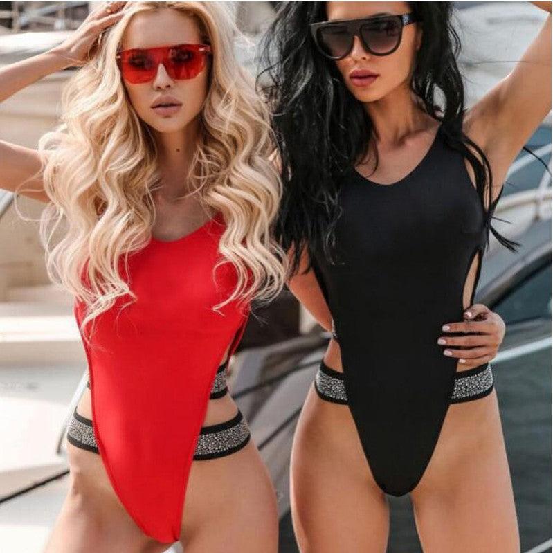 Exclusive Shiny Silk Solid Color Bikini — Red — Size L — Back View