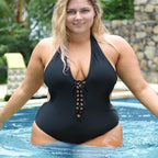 Exclusive Solid Lanyard One-Piece Swimsuit — Black — Size 3XL — Top View