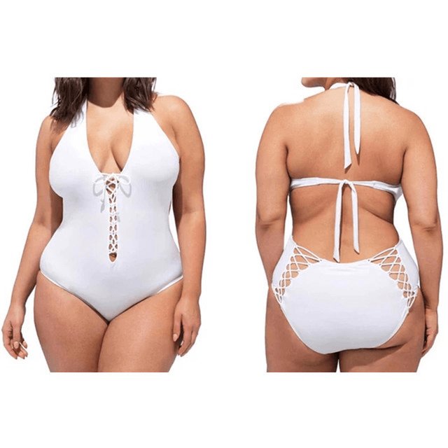 Exclusive Solid Lanyard One-Piece Swimsuit — Black — Size 3XL — Back View