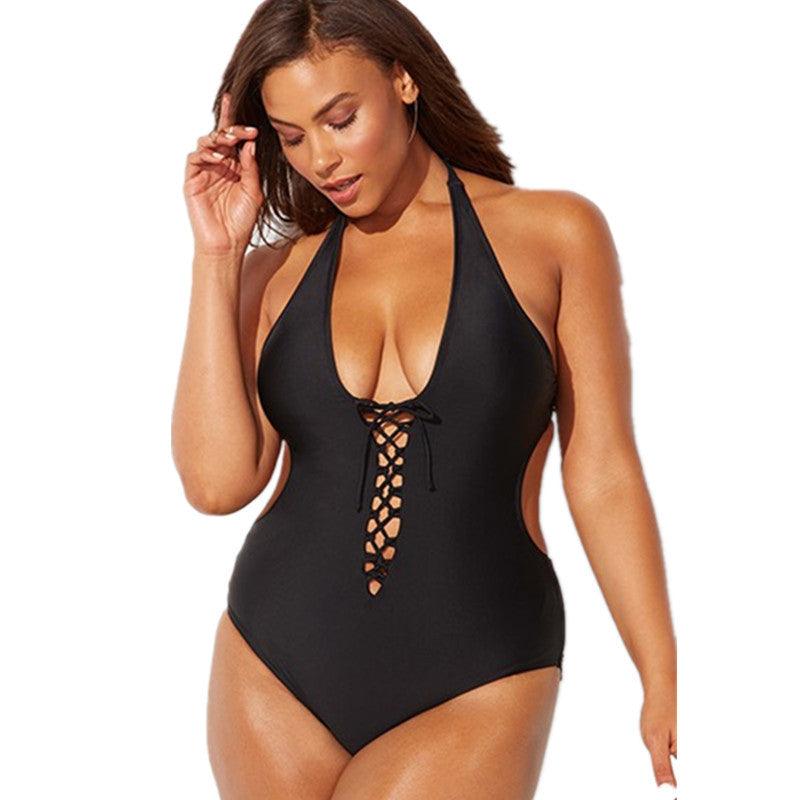 Exclusive Solid Lanyard One-Piece Swimsuit — Black — Size 3XL — Front View