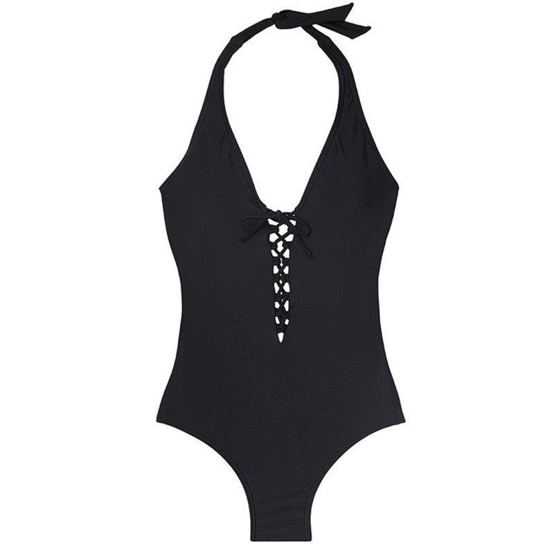 Exclusive Solid Lanyard One-Piece Swimsuit — Black — Size 3XL — Lifestyle View