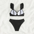 Exclusive Solid Color Women's Beach Bikini Swimsuit — Black — Size L — Top View