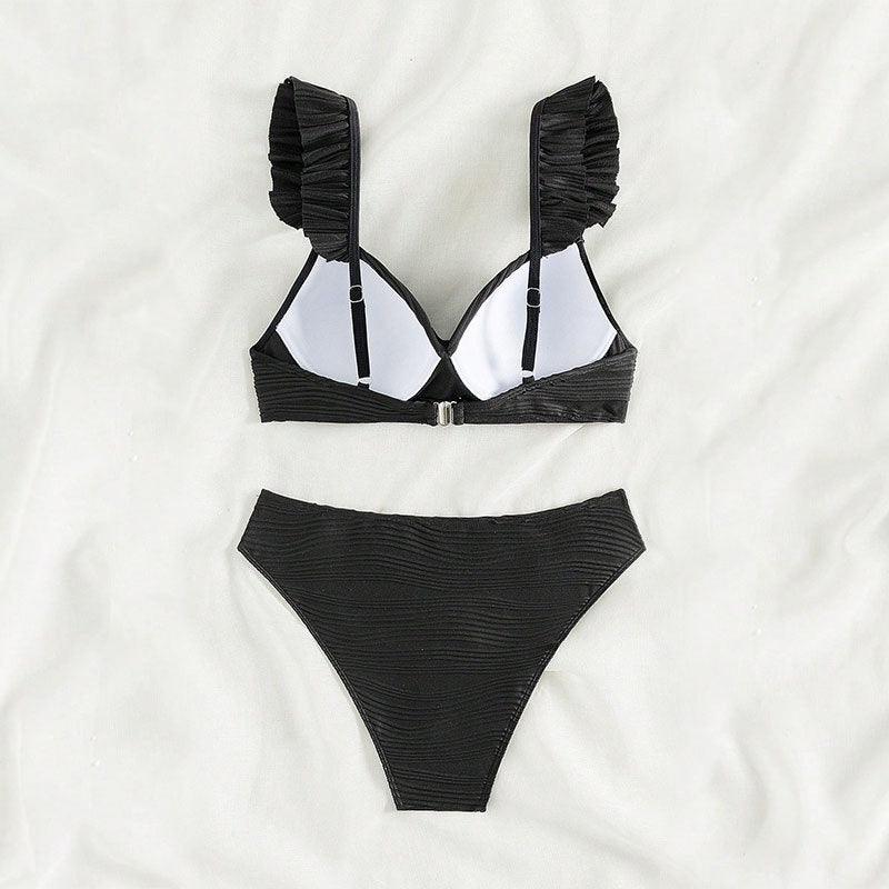 Exclusive Solid Color Women's Beach Bikini Swimsuit — Black — Size L — Top View