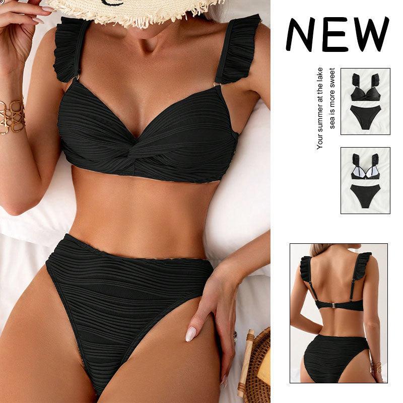 Exclusive Solid Color Women's Beach Bikini Swimsuit — Black — Size L — Side View