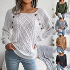 Exclusive Square Neck Button Twist Knitting Sweater — Black — Size 2XL — Front View