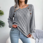 Exclusive Square Neck Button Twist Knitting Sweater — Black — Size 2XL — Top View