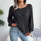 Exclusive Square Neck Button Twist Knitting Sweater — Black — Size 2XL — Side View