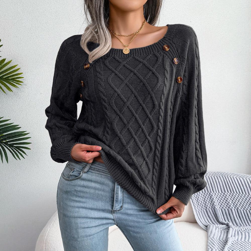 Exclusive Square Neck Button Twist Knitting Sweater — Black — Size 2XL — Side View