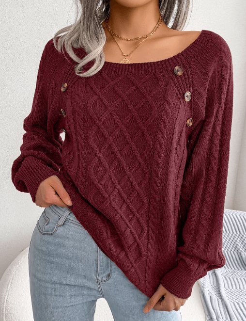Exclusive Square Neck Button Twist Knitting Sweater — Black — Size 2XL — Alternate View 8