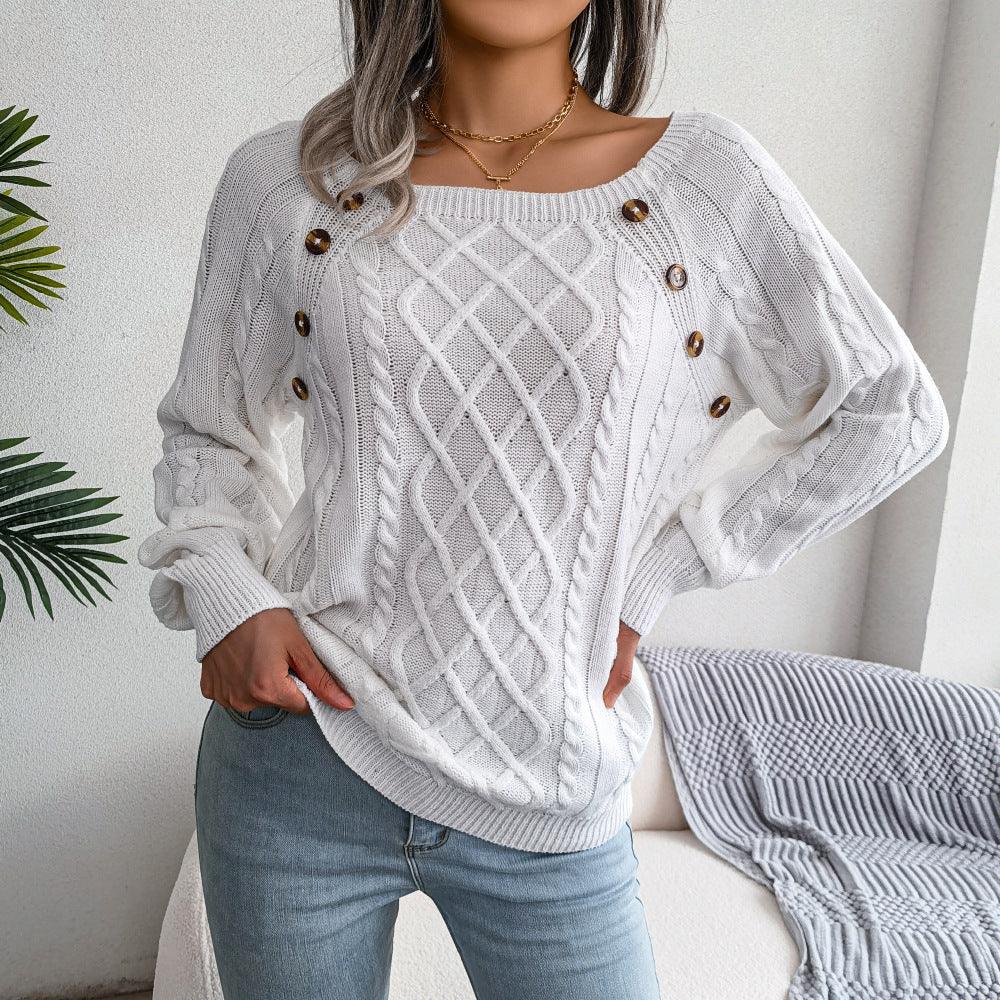 Exclusive Square Neck Button Twist Knitting Sweater — Black — Size 2XL — Lifestyle View