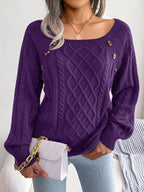 Exclusive Square Neck Button Twist Knitting Sweater — Black — Size 2XL — Alternate View 7