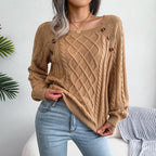 Exclusive Square Neck Button Twist Knitting Sweater — Black — Size 2XL — Back View