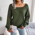 Exclusive Square Neck Button Twist Knitting Sweater — Black — Size 2XL — Detail View