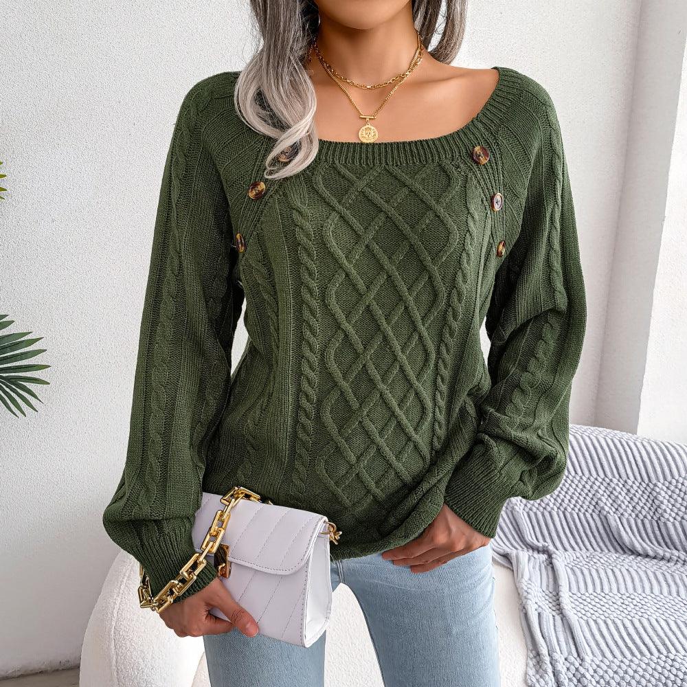 Exclusive Square Neck Button Twist Knitting Sweater — Black — Size 2XL — Detail View