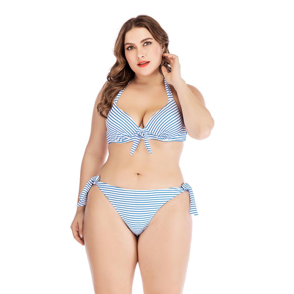 Exclusive Striped printed underwire large size split swimsuit — Blue — Size 3XL — Top View