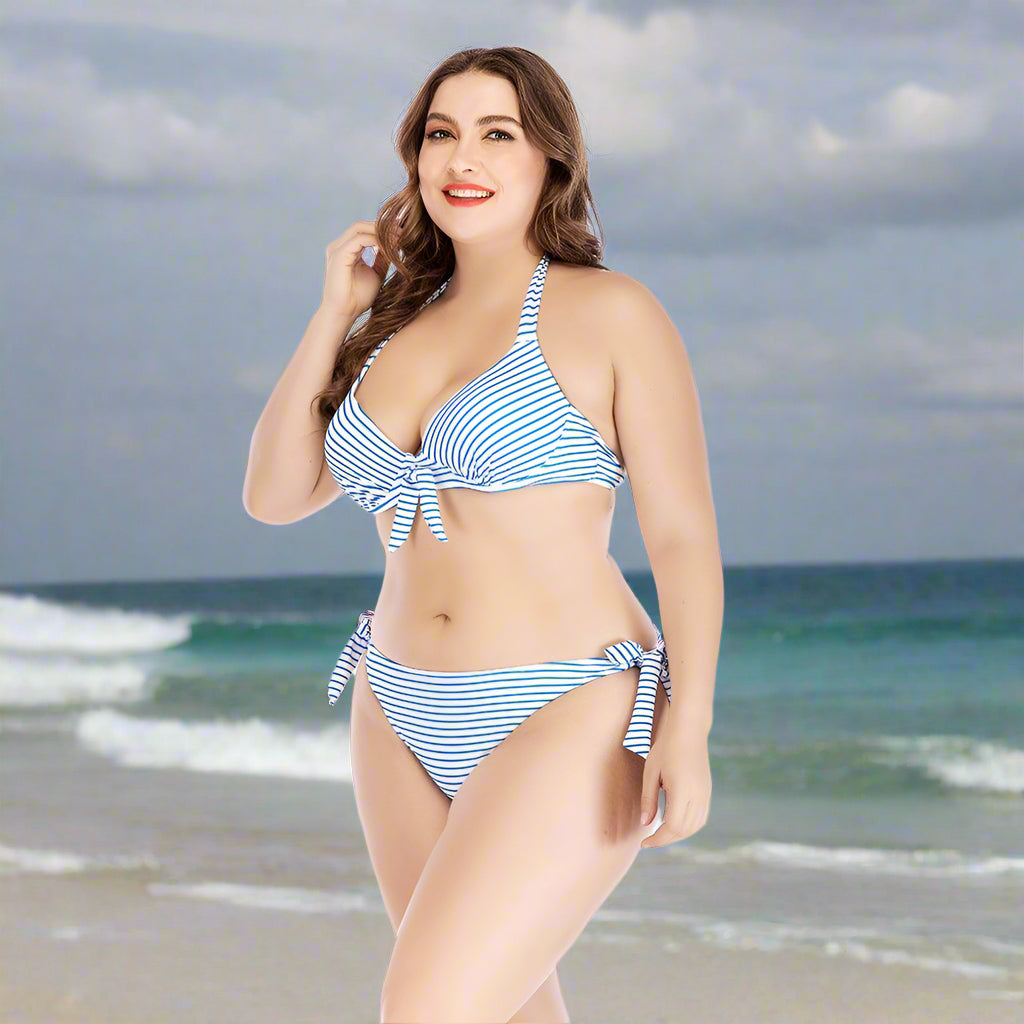 Exclusive Striped printed underwire large size split swimsuit — Blue — Size 3XL — Front View