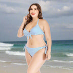 Exclusive Striped printed underwire large size split swimsuit — Blue — Size 3XL — Front View