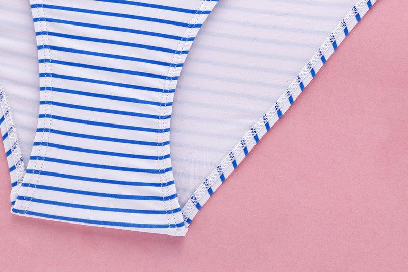 Exclusive Striped printed underwire large size split swimsuit — Blue — Size 3XL — Detail View