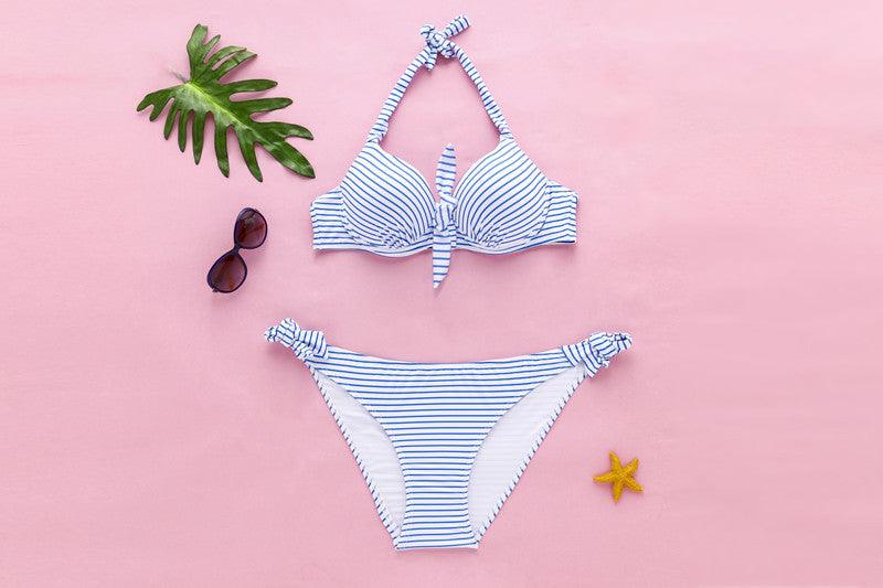 Exclusive Striped printed underwire large size split swimsuit — Blue — Size 3XL — Back View
