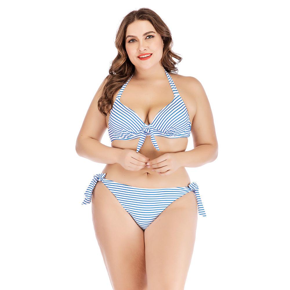 Exclusive Striped printed underwire large size split swimsuit — Blue — Size 3XL — Side View