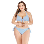 Exclusive Striped printed underwire large size split swimsuit — Blue — Size 3XL — Side View