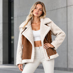 Exclusive Women’s Faux Suede Jacket – Short Moto-Style Coat in Beige & Khaki — Beige — Size 2XL — Side View