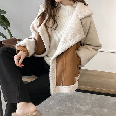 Exclusive Women’s Faux Suede Jacket – Short Moto-Style Coat in Beige & Khaki — Beige — Size 2XL — Detail View