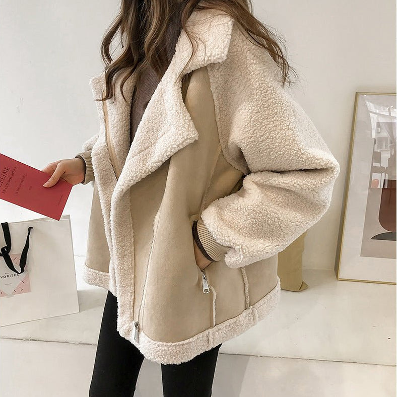 Exclusive Women’s Faux Suede Jacket – Short Moto-Style Coat in Beige & Khaki — Beige — Size 2XL — Top View