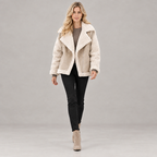 Exclusive Women’s Faux Suede Jacket – Short Moto-Style Coat in Beige & Khaki — Beige — Size 2XL — Front View