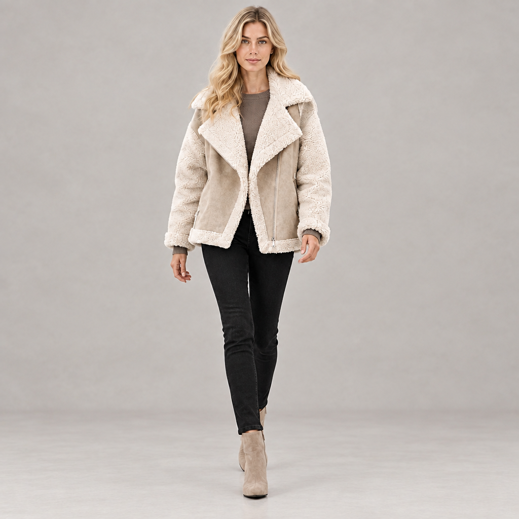 Exclusive Women’s Faux Suede Jacket – Short Moto-Style Coat in Beige & Khaki — Beige — Size 2XL — Front View