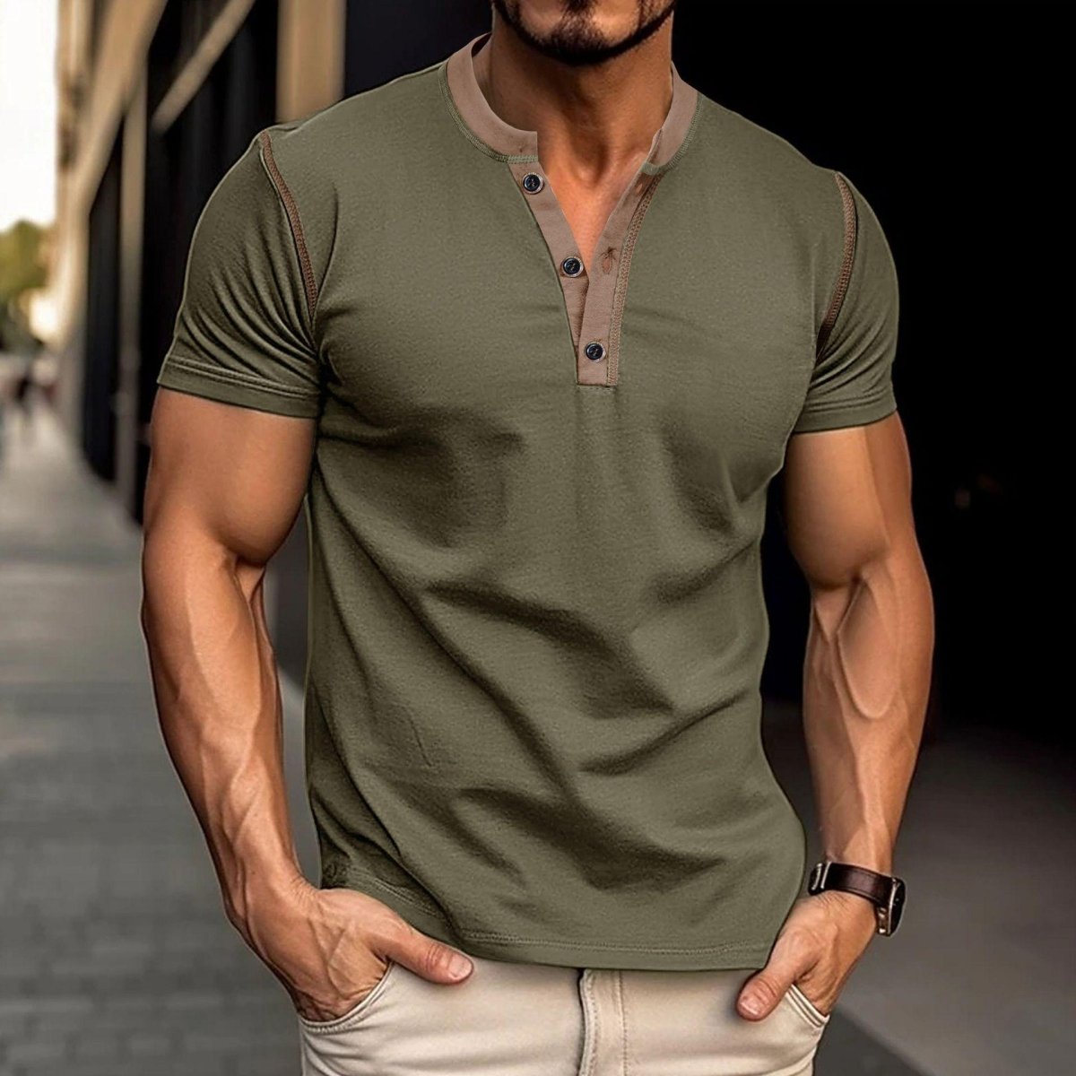 Exclusive Summer Button V-Neck T-Shirt | Casual Cotton Blouse — Army Green — Size L — Alternate View 7