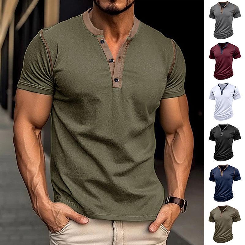 Exclusive Summer Button V-Neck T-Shirt | Casual Cotton Blouse — Army Green — Size L — Front View