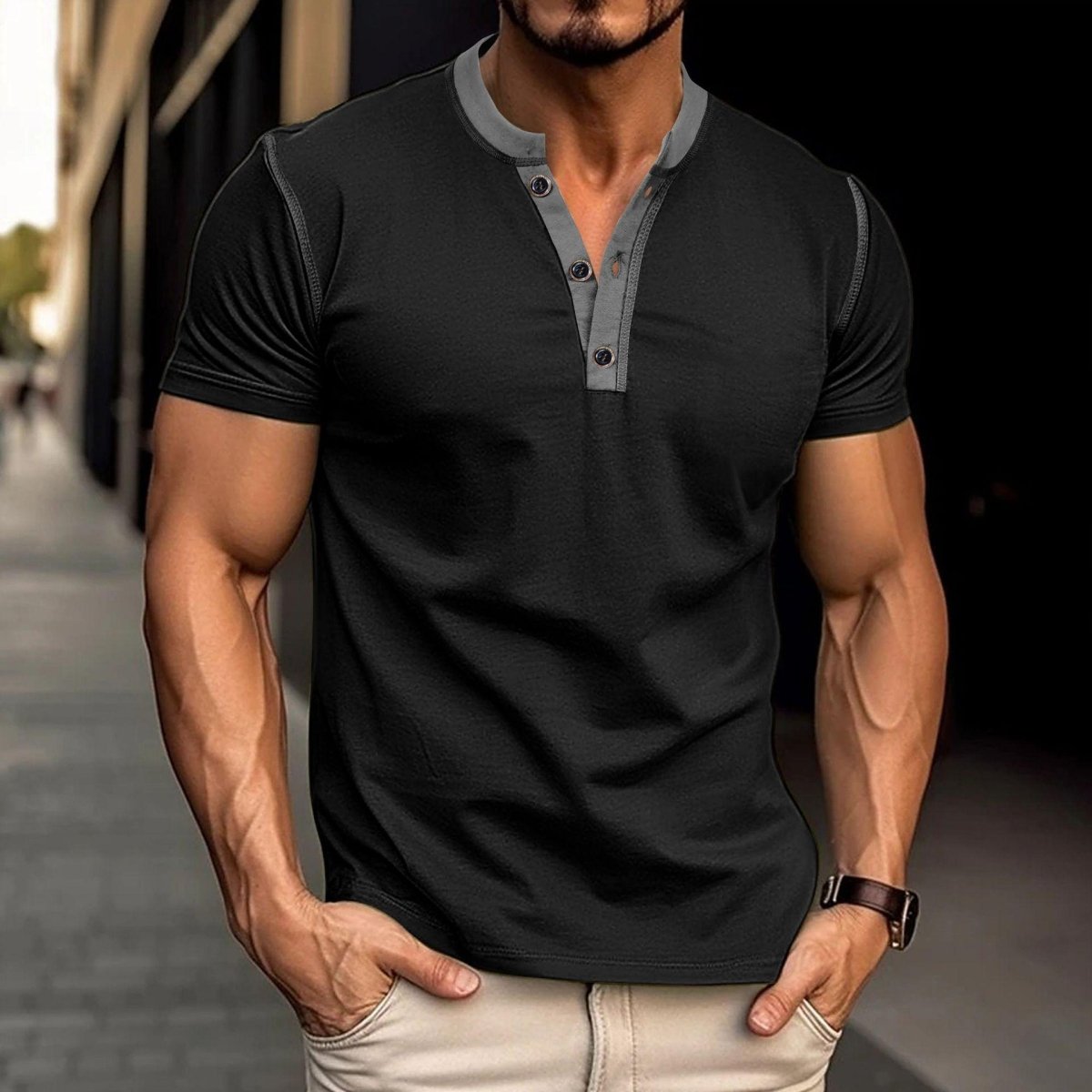 Exclusive Summer Button V-Neck T-Shirt | Casual Cotton Blouse — Army Green — Size L — Back View